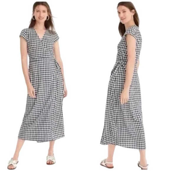 J. Crew Dresses & Skirts - J. Crew Women's Black and White Gingham Midi Dress Wrap Style Cap Sleeves Sz XS
